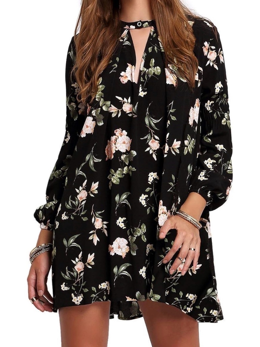 Black Floral V-Neck Long-Sleeve Dress